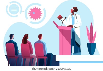 Medical Conference. Medicine Education Seminar. Online Science Presentation. Healthcare Training Conference. Lecture Classroom Teamwork. Health Scientist Doctor. Professional Team Vector Illustration