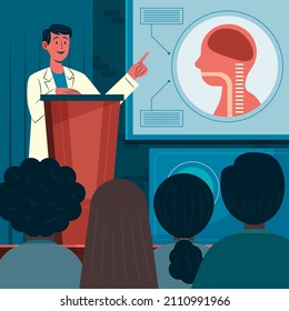 Medical conference. Medicine education seminar. Online science presentation. Healthcare training conference. Lecture classroom teamwork. Health scientist doctor. Professional team Vector illustration
