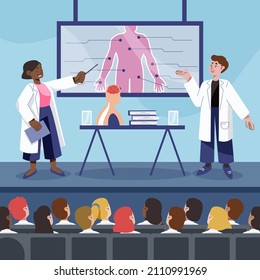 Medical conference. Medicine education seminar. Online science presentation. Healthcare training conference. Lecture classroom teamwork. Health scientist doctor. Professional team Vector illustration