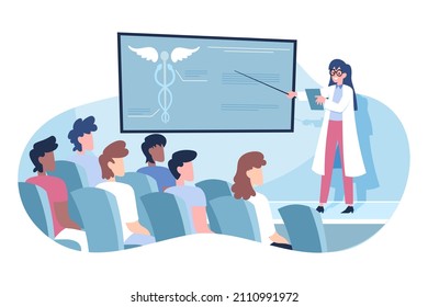 Medical conference. Medicine education seminar. Online science presentation. Healthcare training conference. Lecture classroom teamwork. Health scientist doctor. Professional team Vector illustration