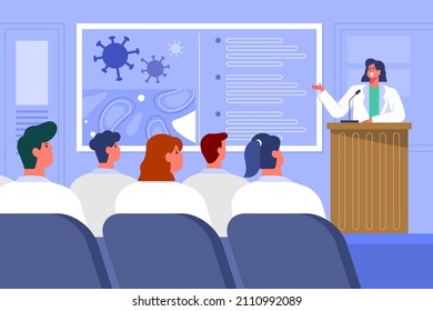 Medical conference. Medicine education seminar. Online science presentation. Healthcare training conference. Lecture classroom teamwork. Health scientist doctor. Professional team Vector illustration