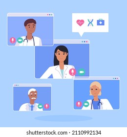 Medical conference. Medicine education seminar. Online science presentation. Healthcare training conference. Lecture classroom teamwork. Health scientist doctor. Professional team Vector illustration