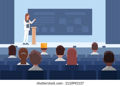 Medical conference. Medicine education seminar. Online science presentation. Healthcare training conference. Lecture classroom teamwork. Health scientist doctor. Professional team Vector illustration