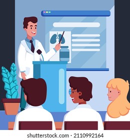 Medical conference. Medicine education seminar. Online science presentation. Healthcare training conference. Lecture classroom teamwork. Health scientist doctor. Professional team Vector illustration