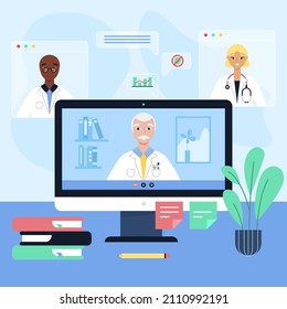 Medical Conference. Medicine Education Seminar. Online Science Presentation. Healthcare Training Conference. Lecture Classroom Teamwork. Health Scientist Doctor. Professional Team Vector Illustration