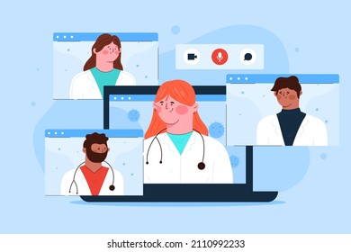 Medical conference. Medicine education seminar. Online science presentation. Healthcare training conference. Lecture classroom teamwork. Health scientist doctor. Professional team Vector illustration