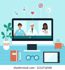 Medical conference. Medicine education seminar. Online science presentation. Healthcare training conference. Lecture classroom teamwork. Health scientist doctor. Professional team Vector illustration