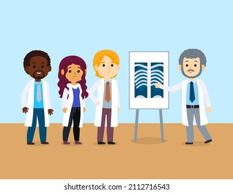 Medical conference. Medicine education seminar. Online science presentation. Healthcare training conference. Lecture classroom teamwork. Health scientist doctor. Professional team Vector illustration