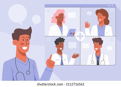 Medical conference. Medicine education seminar. Online science presentation. Healthcare training conference. Lecture classroom teamwork. Health scientist doctor. Professional team Vector illustration