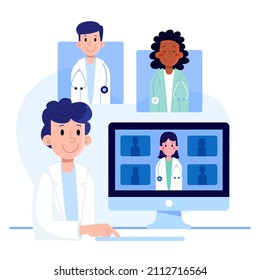 Medical conference. Medicine education seminar. Online science presentation. Healthcare training conference. Lecture classroom teamwork. Health scientist doctor. Professional team Vector illustration