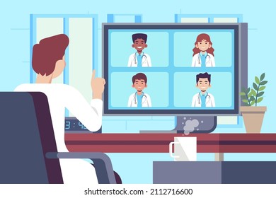 Medical conference. Medicine education seminar. Online science presentation. Healthcare training conference. Lecture classroom teamwork. Health scientist doctor. Professional team Vector illustration