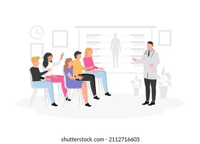 Medical conference. Medicine education seminar. Online science presentation. Healthcare training conference. Lecture classroom teamwork. Health scientist doctor. Professional team Vector illustration