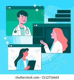 Medical conference. Medicine education seminar. Online science presentation. Healthcare training conference. Lecture classroom teamwork. Health scientist doctor. Professional team Vector illustration