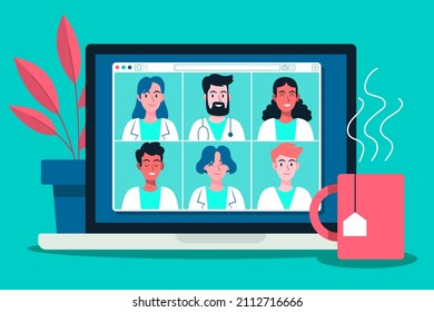 Medical Conference. Medicine Education Seminar. Online Science Presentation. Healthcare Training Conference. Lecture Classroom Teamwork. Health Scientist Doctor. Professional Team Vector Illustration