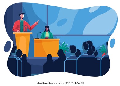 Medical conference. Medicine education seminar. Online science presentation. Healthcare training conference. Lecture classroom teamwork. Health scientist doctor. Professional team Vector illustration