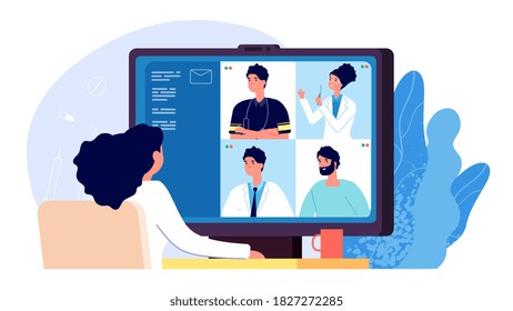 Medical Conference Online. Doctor Video Call, Paramedic Nurse Healthcare Workers Web Communicating. Telemedicine, Science Distance Discussion Vector Illustration