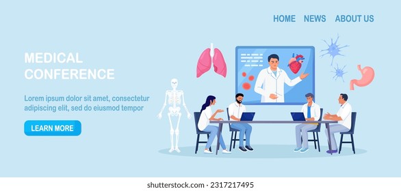 Medical conference, online education. Mentor giving scientific researching lecture for students by internet. Doctor teaching academic knowledge for hospital work. Professional occupation training