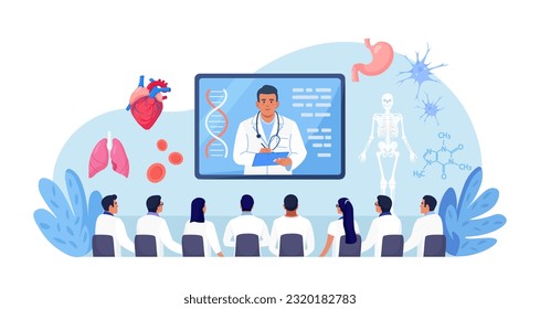 Medical conference, online education. Mentor giving scientific researching lecture for students by internet. Doctor teaching academic knowledge for hospital work. Professional occupation training