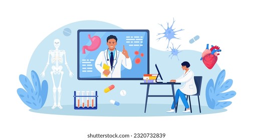 Medical conference, online education. Mentor giving scientific researching lecture for student by internet. Doctor teaching academic knowledge for hospital work. Professional occupation training