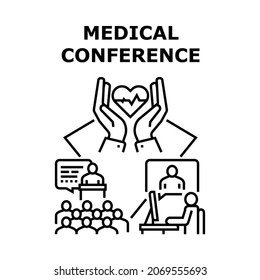 Medical Conference Vector Icon Concept. Medical Conference For Reporting Medicine Researchment And Development. Doctor Remote Online Meeting With Patient For Consultation Black Illustration