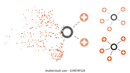 Medical connections icon in disappearing, pixelated halftone and undamaged entire versions. Points are grouped into vector dissolving medical connections icon.