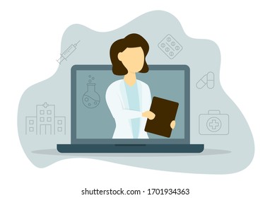 Medical consultant advice with your computer. Flat design