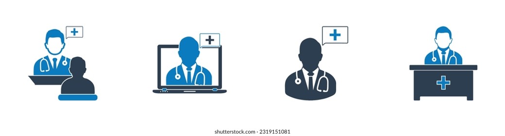 Medizinischer Berater Symbol Set. Sammlung von Ärzten, Ärzten, Spezialisten, Online-Service, Tele-Medizin, Beratung Patient und mehr Symbole. Bearbeitbare Flach-Vektorgrafik.