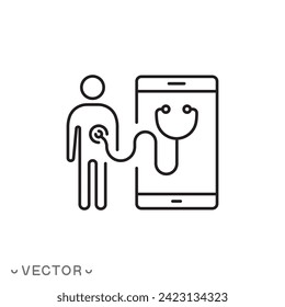 medical consultation app for patient meeting, online professional doctor icon, clinic service on smartphone, thin line symbol isolated on white background, editable stroke eps 10 vector illustration