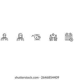 Medical consultation appointment icon set with doctor nurse emergency helicopter and patient care outline vector illustration for healthcare interface.