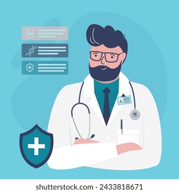 Medical consultation avatar, online healthcare pharmacist expert, smiling therapist. Male cardiologist character, stethoscope, shield. Young man doctor portrait, close up. Doctor in uniform. vector