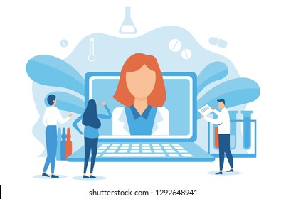 Medical Consultation by Internet with Doctor. Online healthcare Concept. Medical Service Online for Patients. Health Care Online. Vector Illustration. Online Doctor. Telemedicine. 