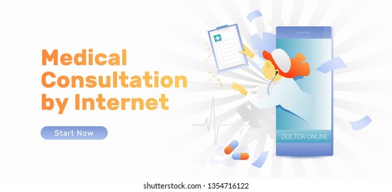 Medical consultation by internet vector banner template with a doctor sticking out of mobile phone screen. Telemedicine and remote diagnosis concept.