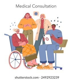 Medical consultation concept. A doctor with a clipboard discusses health issues with a patient in a wheelchair and a concerned companion. Vector illustration.