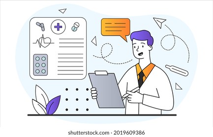 Medical consultation concept. Doctor conducts an examination and makes diagnosis. Patient medical record. Healthcare system. Cartoon doodle flat vector illustration isolated on a white background
