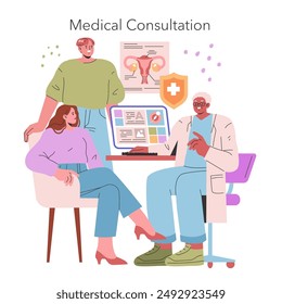 Medical Consultation concept. Patients discuss health with a doctor, focusing on gynecology and treatment options. Fertility and wellness advice. Vector illustration.