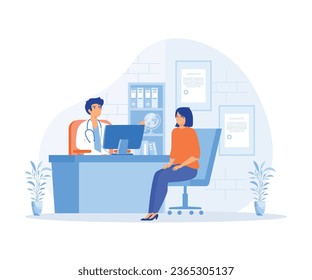 Concepto de consulta médica, médico practicante, hombre y paciente joven en consultorio médico hospitalario, vector plano ilustración moderna  