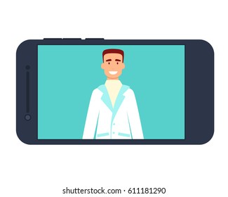 Medical consultation of a doctor on the Internet on a mobile phone. Vector illustration