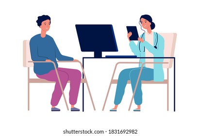 Medical consultation. Doctor and patient, man on appointment in hospital. Isolated virus protection, treatment or disease diagnostic vector illustration