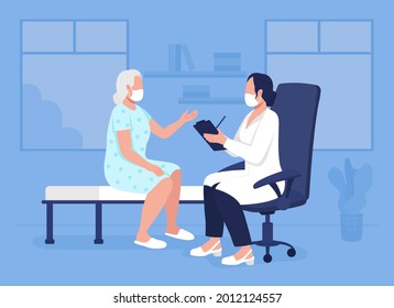 Medical consultation flat color vector illustration. Psychotherapy for older adults. Elderly patient visiting geriatric counselor 2D cartoon characters with consulting room on background