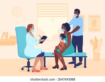 Medical consultation flat color vector illustration. Family meeting general practitioner. Clinical appointment. Doctor with patients 2D cartoon characters with interior on background