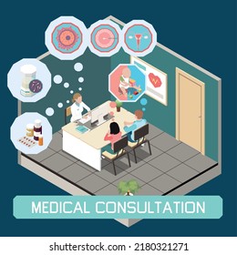 Medical Consultation Isometric Background With Doctor Consulting Of Married Couple On In Vitro Fertilization Theme Vector Illustration