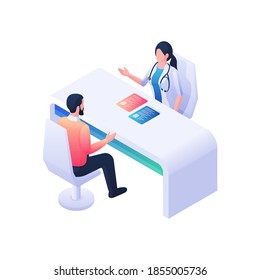 Medical consultation isometric illustration. Female character in white coat at table with medical history gives advice on health. Male character listens carefully asks questions vector concept.