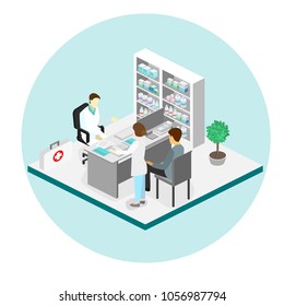 Medical consultation. Isometric interior of doctor office.