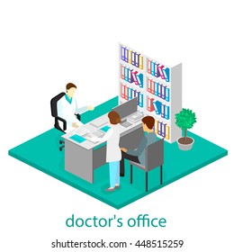 Medical consultation. Isometric interior of doctor office.