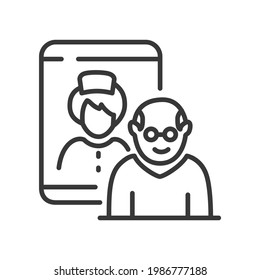 Medical consultation - line design single isolated icon on white background. Healthcare mobile app idea. Image of a senior man and doctor on a smartphone screen. Digital health and elderly people care