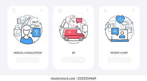 Consulta médica - Anuncios de estilo de diseño de línea con lugar para texto. Síntomas de la enfermedad, ambulancia, gotero, jeringuilla, charla con el paciente, pulso, Estado de salud y detección de la enfermedad