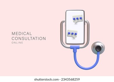 Consulta médica en línea. Smartphone realista con iconos de mensajería, estetoscopio. Comunicación remota con el médico. Publicidad en color de servicios, clínicas en estilo de dibujos animados