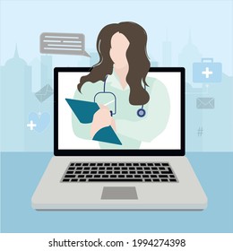 Medical consultation remote, doctor give advice from laptop. Vector healthcare consulting, doctor online suggest and recommend medications to treatment illustration