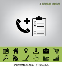 Medical consultation sign. Vector. Black icon at gray background with bonus icons