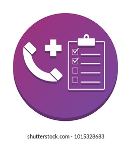 Medical consultation sign. Vector. White icon with flat shadow on purpureus circle at white background. Isolated.